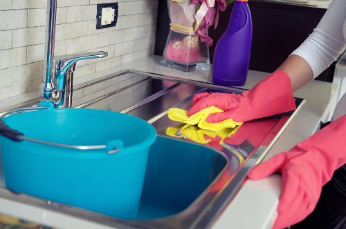 Cleaning products and tools stored safely